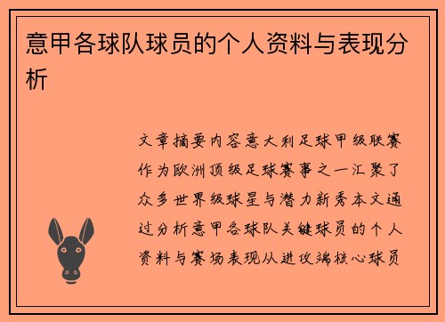 意甲各球队球员的个人资料与表现分析