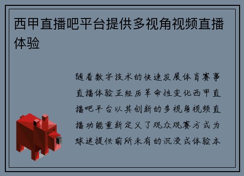 西甲直播吧平台提供多视角视频直播体验